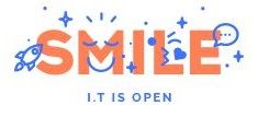Logo coloré "SMILE" avec des icônes amusantes, texte en dessous : "I.T IS OPEN".