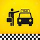 Pictogram van een persoon die met koffer naar een taxi zwaait op een gele achtergrond.