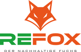 Logo mit einem stilisierten Fuchskopf über dem Text "REFOX" und Slogan "Der nachhaltige Fuchs".