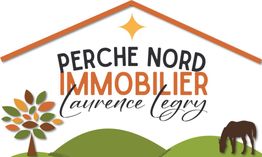 Logo avec texte "Perche Nord Immobilier Laurence Legry", arbre et cheval sur fond de collines vertes.