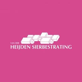 Logo van Van der Heijden Sierbestrating op een roze achtergrond met witte blokfiguren.
