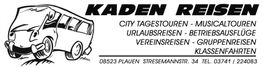 Kaden Reisen Werbung mit Reisebus, Tourangeboten und Kontaktinformation.