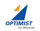 Logo mit blauem Segel, orangem Dreieck, Text "OPTIMIST" und "Der Mikrokredit" darunter.