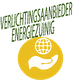 Een geel pictogram met een hand en globe. Tekst erboven: "LEDVERLICHTINGSAANBIEDER ENERGIEZUINIG".