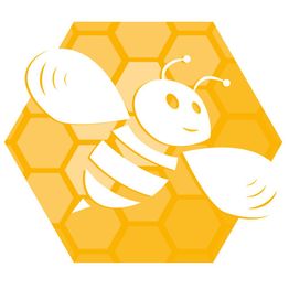 Witte bij op een geel honingraat-achtergrond.