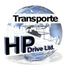 Logo mit Text "Transporte HP Drive Ltd." vor einem Globus mit Containerschiff-Silhouette.