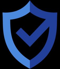 Blaues Schutzschild mit Häkchen-Symbol auf schwarzem Hintergrund.