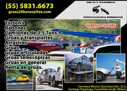 Publicidad de servicios de grúas y maniobras con contacto y ubicación en México.