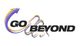 Texto "Go Beyond" con flecha curva, líneas amarillas y púrpuras. Fondo blanco.