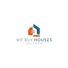 Logo with abstract houses saying "We Buy Houses Orlando" in blue and orange.