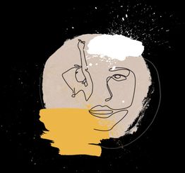 Abstrakt ansigt tegn på sort baggrund med hvide og gyldne farver, cirkel og stænk.