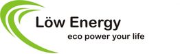 Logo von Löw Energy mit grünem Symbol und Slogan "eco power your life" in Schwarz.