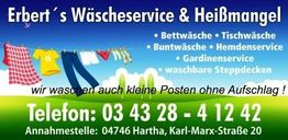 Bunte Wäscheleine, Erbert's Wäscherei-Werbung mit Telefonnummer und Adresse in Hartha.