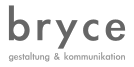 Logo mit Text "bryce" und darunter "gestaltung & kommunikation" in grauer Schrift auf weißem Hintergrund.