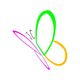 Abstract butterfly with colorful loops: green, yellow, and magenta wings on white background.