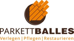 Parkettballes-Logo mit Text: Verlegen, Pflegen, Restaurieren. Holzmuster in Orange.