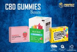 Boxes of CBD gummies with various designs and colors on a blue background.