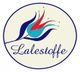 Logo von Lalestoffe mit stilisierter Blume in Blau und Rot in einem Kreis.