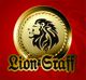Selo dourado com leão estilizado, fundo vermelho. Texto: "Lion Graff".