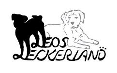 Schwarzer und weißer Hund mit dem Schriftzug "Leos Leckerland" darunter.