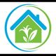 Green house logo with blue roof, plant inside, circular blue-green border.
