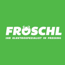 Weiße Schrift "FRÖSCHL, Ihr Elektrospezialist in Freising" auf grünem Hintergrund.