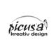 Logo von "Picusa Kreativ Design" mit stilisiertem Vogel über dem Schriftzug, schwarz-weiß.