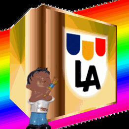 Kleine Figur mit Pinsel vor einem Regenbogenhintergrund und einem Würfel mit "LA"-Logo.