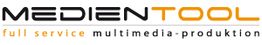 Logo mit Text "Medientool: full service multimedia-produktion" in Schwarz und Orange.