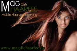 Frau mit langem braunem Haar, Text: „Mag die Haarfee - Mobile Haarverlängerung“.