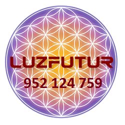 Círculo colorido con texto "LUZFUTUR" y un número de teléfono 952 124 759 en el centro.