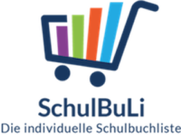 Einkaufswagen mit bunten Büchern, darunter Text: "SchulBuLi - Die individuelle Schulbuchliste".