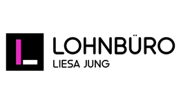 Logo mit schwarzem Quadrat, violetter Linie und Text: "LOHNBÜRO LIESA JUNG".