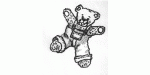 Skizze eines Teddybären mit Latzhose und Punkten auf den Ohren und Armen.