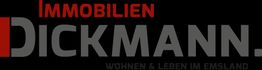 Logo mit Text: "IMMOBILIEN DICKMANN. Wohnen & Leben im Emsland" auf schwarzem Hintergrund.