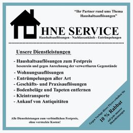 Flyer für HNE Service: Haushaltsauflösungen, Entrümpelungen und Antiquitätenankauf mit Rabattangebot.