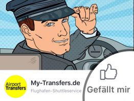 Illustration: Ein Fahrer mit Mütze, Firmenlogo "My-Transfers.de", und ein "Gefällt mir"-Symbol.