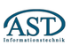 Logo mit blauem Schriftzug "AST Informationstechnik" und einem ovalen Bogen über "AST".