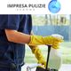 Persona con guanti gialli pulisce con spruzzatore e mop. Logo "Impresa Pulizie Verona" in alto.