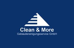 Logo von Clean & More Gebäudereinigungsservice GmbH auf blauem Hintergrund.