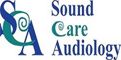 Logo of "Sound Care Audiology" with stylized initials "SCA" and spiral designs.