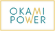 Texto "OKAMI POWER" en fondo negro con contorno amarillo. La "M" parece un rayo.