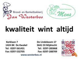 Visitekaartje van bakkerij Jan Westerbos en Mens, met adres, contactinformatie en slogan.