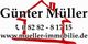 Günter Müller Immobilien-Logo mit Telefonnummer und Webseite, über einem roten Hausumriss.