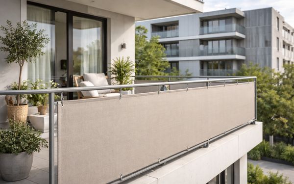 Moderner Balkon mit passgenauem Balkon Sichtschutz aus wetterbeständigem Gewebe, direkt am Geländer befestigt, bei Tageslicht, mit städtischem Wohngebäude im Hintergrund.