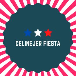 Cercle bleu sur fond rayé rouge et blanc avec texte "CELINEJER FIESTA" et trois étoiles colorées.