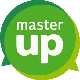 Logo con texto "master up" en fondo verde.