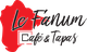 Logo de "Le Fanum Café & Tapas" avec texte noir sur fond rouge, silhouette d'une tête.