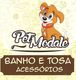 Desenho de cachorro sorrindo, com texto: "Pet Modale - Banho e Tosa Acessórios".