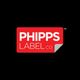 Red Phipps Label Co. logo with a corner peel effect on a black background.